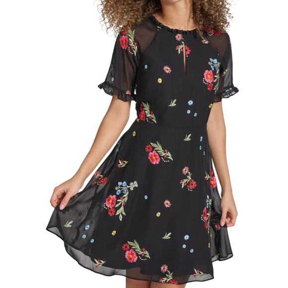 Kensie Dresses & Skirts - Kensie Black Embroidered Chiffon Dress Women's 16 Wedding Guest Party Graduation